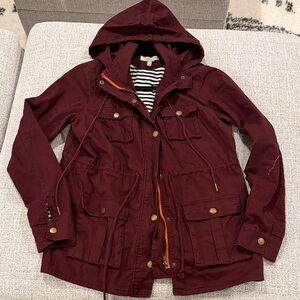 41 Hawthorn Hooded Utility Jacket in Burgundy with Striped Lining